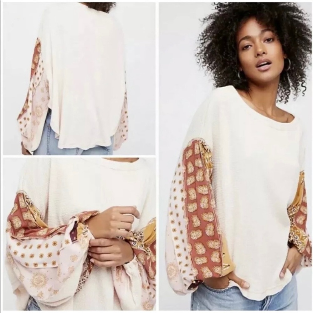 Free People We The Free Blossom Rose Thermal Top Patchwork Dolman Balloon Sleeve - Picture 7 of 11